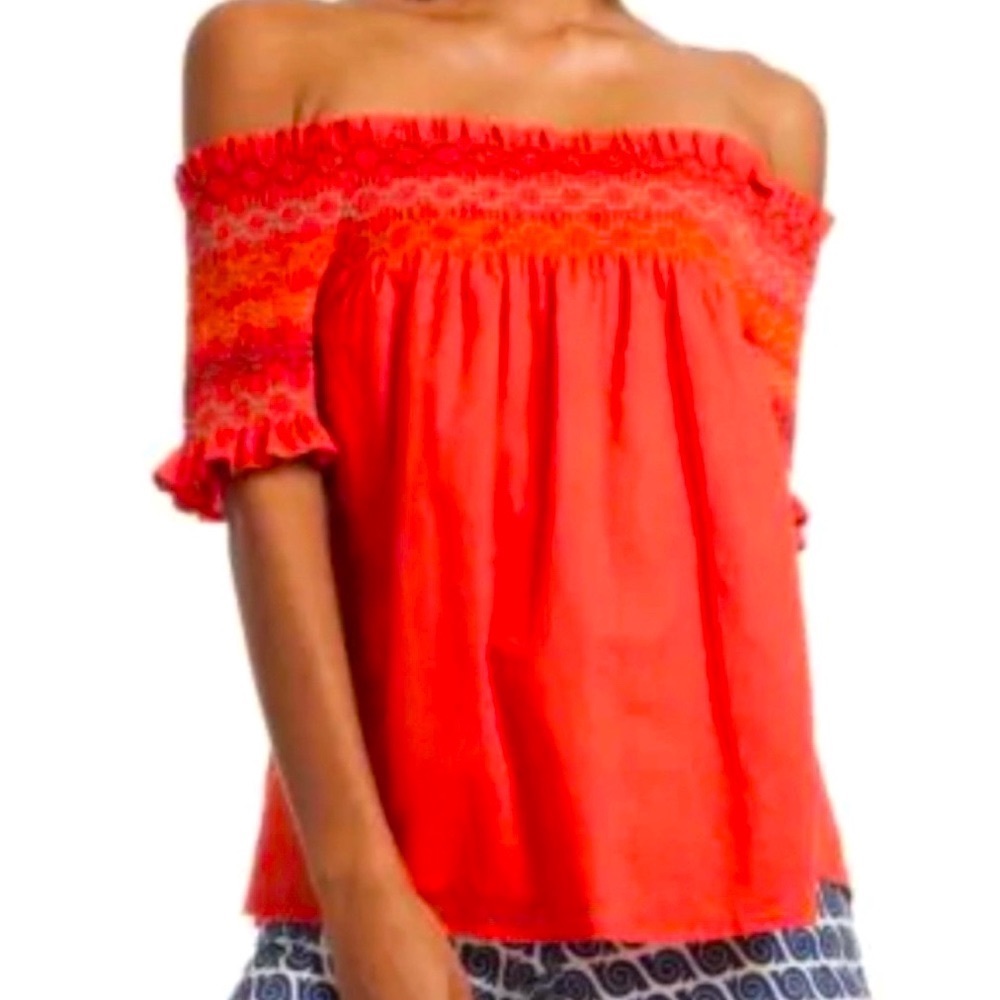 Trina Turk Flame Red Smocked Embroidered Top